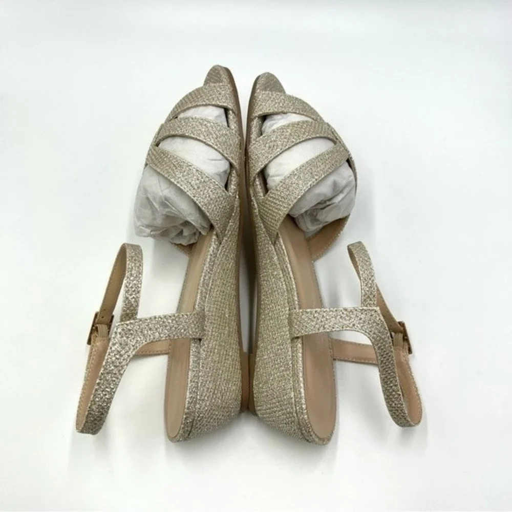 Paradox London Womens Size 7‎ Jackie Low Wedge Champagne Shimmer Dress Sandals